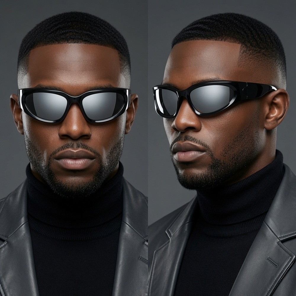 Bold Curved Shield Men Dark Athletic Eyewear Featuring Glossy Thick Oval Rim New